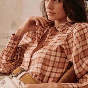 Sezane NWT Bonny Plaid Linen Shirt Carreaux Rose Beige 12